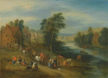 A River Landscape with Villagers and Carts on a Path